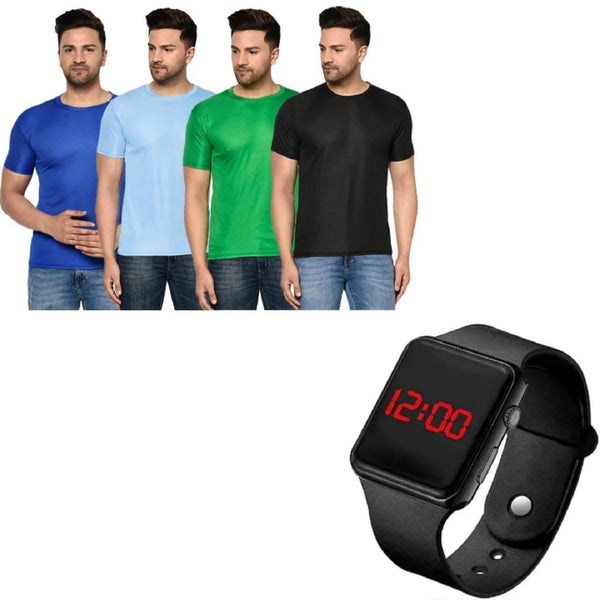 Men's Pack Of-4 Half Sleeves Round Neck T-shirt With Digital Watch Combo